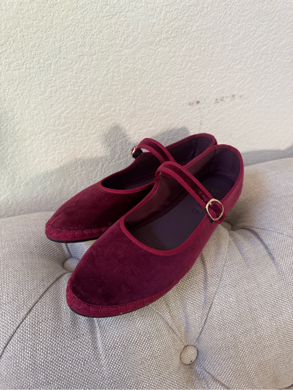 Burgundy Velvet Mary Jane Flats with Buckle Strap - Picture 2 of 6